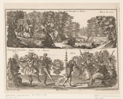 Twee theater scènes met figuren in een bosrijk landschap