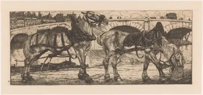 Twee trekpaarden bij de Seine in Parijs