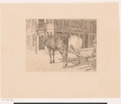 Twee trekpaarden voor een wagen, van achteren gezien