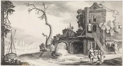 Twee valkeniers bij een toren gebruikt als herberg