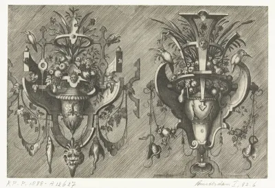 Twee vazen met vruchten en bloemen in een omlijsting van rolwerk