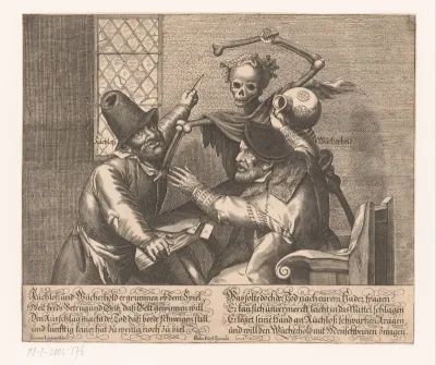 Twee vechtende mannen en de Dood
