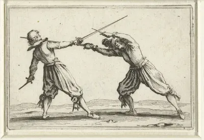 Twee vechtende mannen met zwaarden en dolken