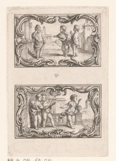 Twee vignetten met drie putti temidden van gebouwen