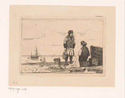 Twee vissers aan het strand, de een repareert een zeil