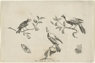 Twee vogels op een tak, een vogel op een stronk en twee vlinders