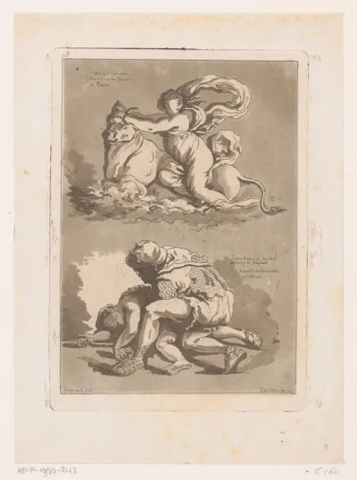 Twee voorstellingen, met bovenaan Jupiter als stier die Europa ontvoert en onderaan een soldaat geknield bij een slachtoffer