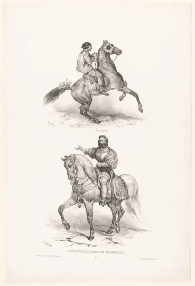 Twee voorstellingen met een paardenhandelaar en een edelman uit de tijd van Frans I van Frankrijk