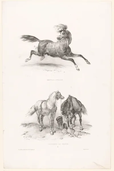 Twee voorstellingen met een Romeins paard en twee postpaarden