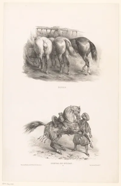Twee voorstellingen met een stal met drie paarden en het paard van de Sultan