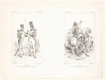 Twee voorstellingen met infanteristen van de Keizerlijke Garde en koning Clovis te paard