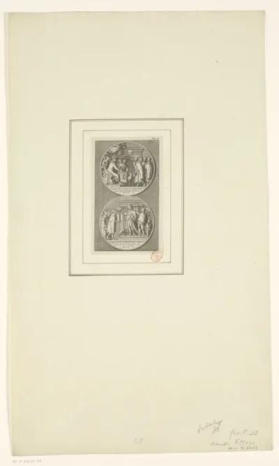 Twee voorstellingen op penningdoos: schenking van het nieuwe wapen van Amsterdam, 1342; toevoeging van de keizerskroon, 1489