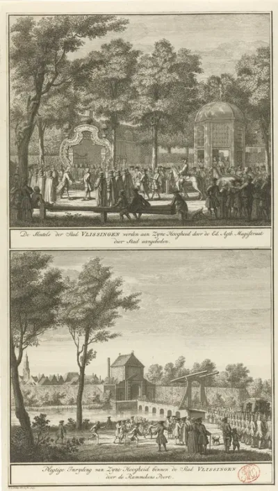 Twee voorstellingen van de aankomst bij de stad en van het aanbieden van de sleutels aan Willem IV, 1751