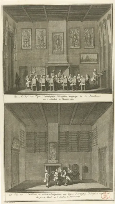 Twee voorstellingen van de maaltijd en de bezichtiging van antiquiteiten in het stadhuis van Vlissingen, 1751