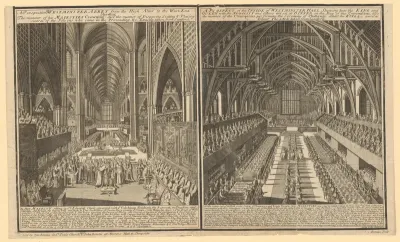 Twee voorstellingen van de Westminster Abbey tijdens de kroning van George II en een banket in Westminster Hall