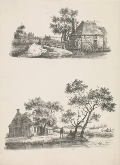 Twee voorstellingen van een huis in een polderlandschap