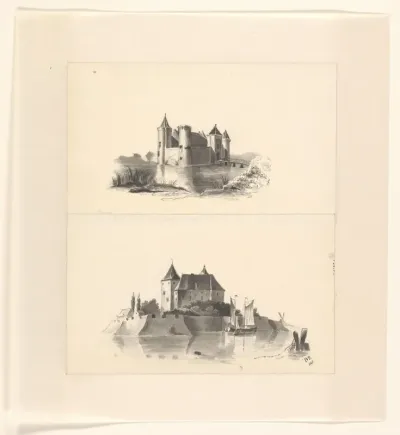 Twee voorstellingen van een kasteel omgeven door water