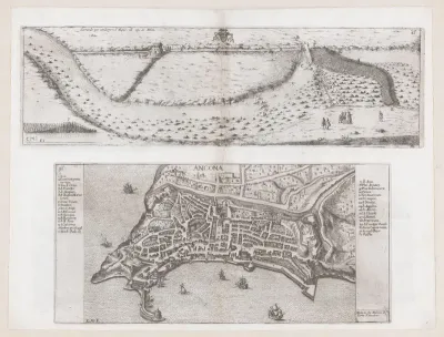 Twee voorstellingen van een rivier en een kaart van Ancona
