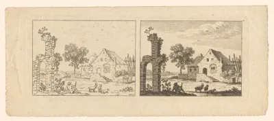 Twee voorstellingen van hetzelfde landschap met boerderij en een ruïne
