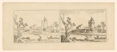Twee voorstellingen van hetzelfde landschap met een toren en een rivier