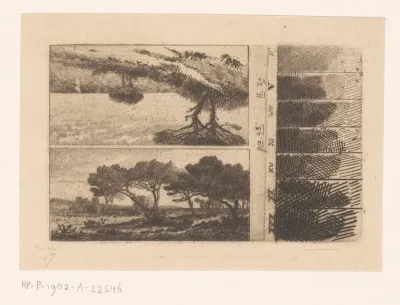 Twee voorstellingen van pijnbomen aan de kust en zeven etsproeven