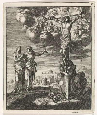 Twee vrouwen aanschouwen de gekruisigde Christus
