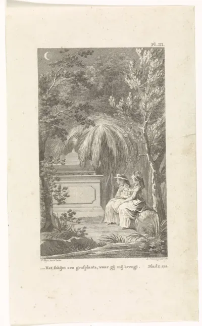 Twee vrouwen bij een graftombe in een landschap bij nacht