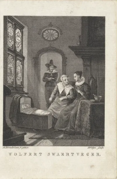 Twee vrouwen bij een wieg en een man in een deuropening