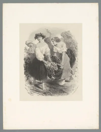 Twee vrouwen dragen een mand gevuld met druiven