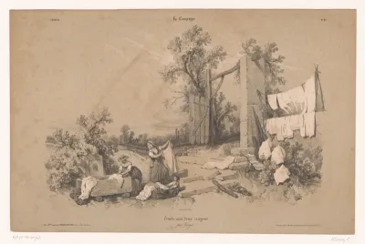 Twee vrouwen en een kind doen de was in de open lucht