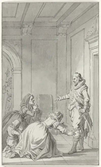 Twee vrouwen en een kind, geknield smekend voor een heer