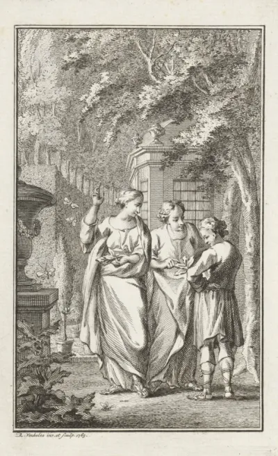 Twee vrouwen en een man in een tuin
