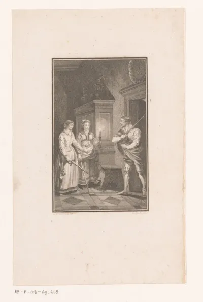 Twee vrouwen en een man met een degen in een interieur
