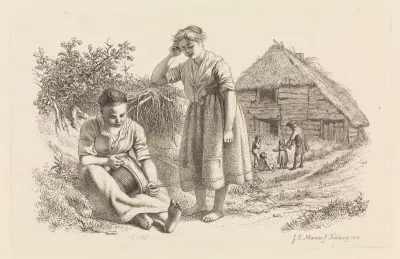 Twee vrouwen en een man met kinderen voor een boerenschuur