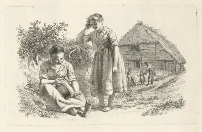 Twee vrouwen en een man met kinderen voor een boerenschuur