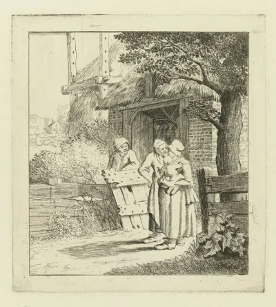 Twee vrouwen en een man voor een boerderij
