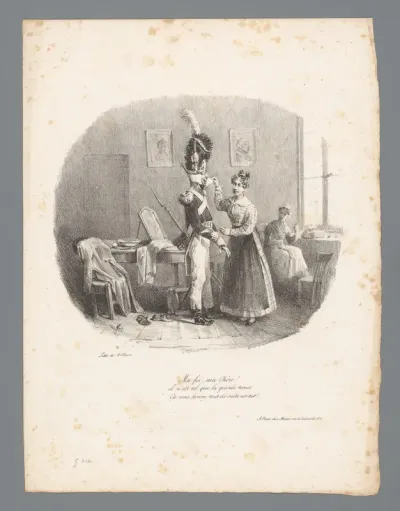Twee vrouwen en een soldaat in uniform
