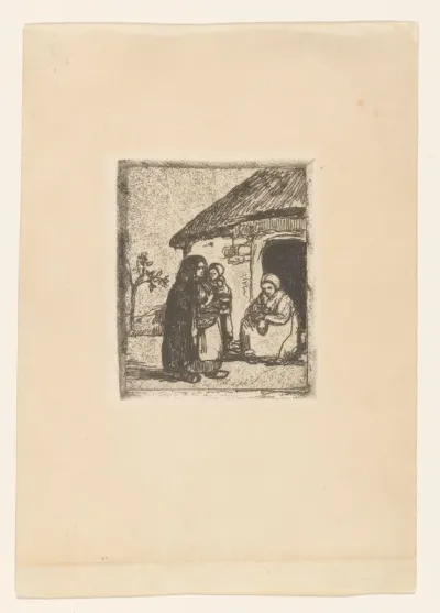 Twee vrouwen en kind voor een huis