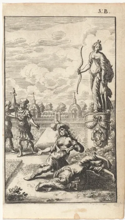 Twee vrouwen en mannen in een paleistuin