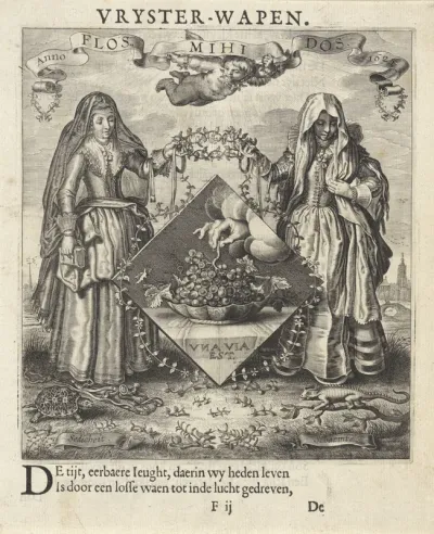 Twee vrouwen flankeren een embleem met een hand die een druiventros pakt