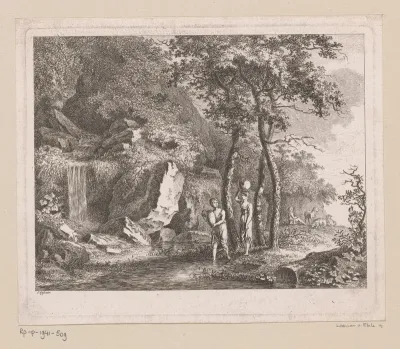 Twee vrouwen halen water bij een waterval