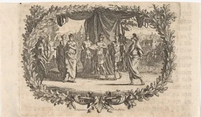 Twee vrouwen in het gezelschap van Romeinse krijgslieden