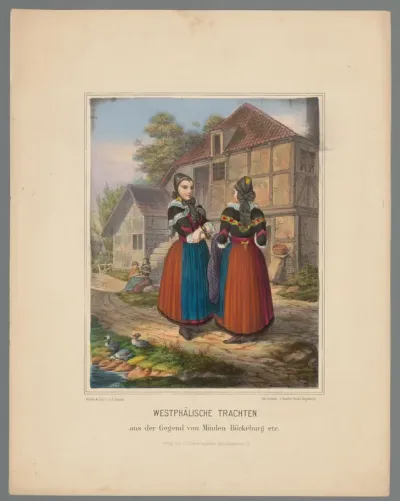 Twee vrouwen in Westfaalse klederdracht voor een huis