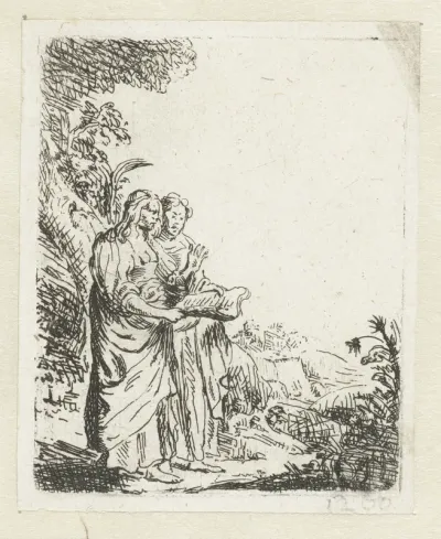 Twee vrouwen met een boek in een landschap