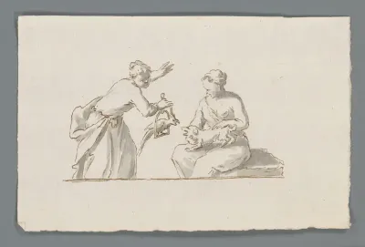 Twee vrouwen met een kaketoe en een hondje die ruziën