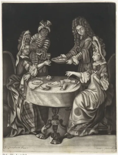 Twee vrouwen met fontangekapsel aan tafel