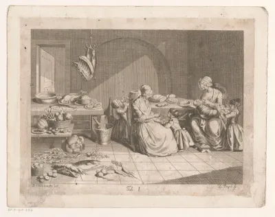 Twee vrouwen met kinderen in een keuken vol etenswaren