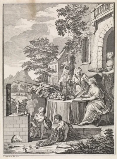 Twee vrouwen rond een tafel bij een landhuis