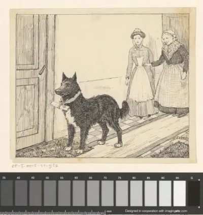 Twee vrouwen volgen een hond met een brief