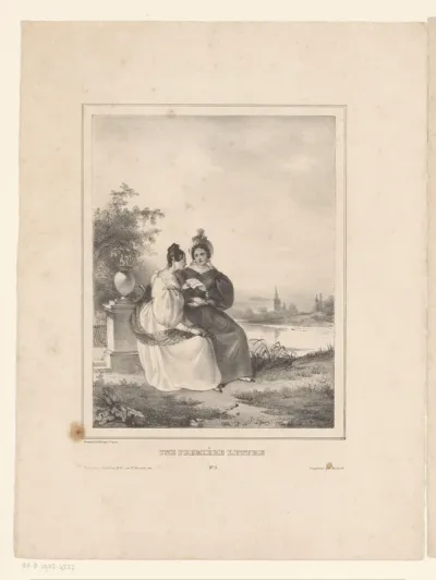 Twee vrouwen zittend bij het water, een leest een brief